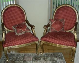 Pair hand carved gilt wood & upholstered armchairs