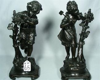 Pair vintage spelter boy & girl sculptures with foundry marks