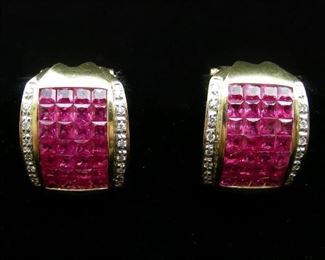 Pair ladies yellow gold & ruby earrings