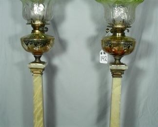 Pair of antique onyx, brass & glass oil lamps
