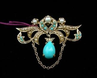 Vintage 14k yellow gold, turquoise & pearl brooch