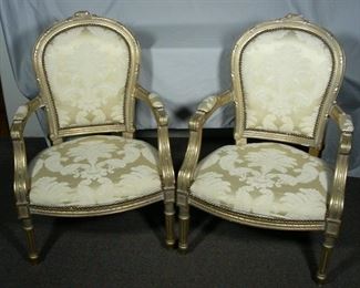 Pair carved gilt wood & upholstered chairs