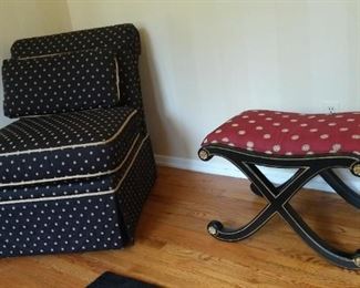 Harden Armless Chair, all custom, and a Century Furniture all custom Asian Style Campaign Chair and Bench, 