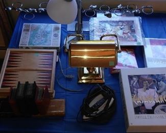 Brass Piano Lamp, Casablanca Anniversary Set, Backgammon and Chess and Checkers Wooden Boxed Set, more including Walt Disney items,
