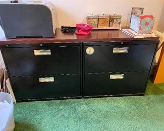 Two Hon Vertical Filing Cabinets with Walnut Veneer Top