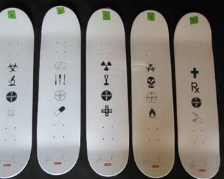 BUY NOW $7500.00  FIRM.                                                                        Set of 5 Damien Hirst Skateboard Decks.. Signed.. Appointment will be made as they are off the premises.