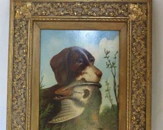                                                                                                          Michelangelo Meucci Hunting dog W/Bird Oil Painting                                                                                                   10 3/4" x 12 3/4" In frame