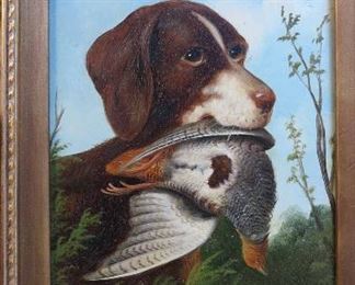                                                                                                                 Michelangelo Meucci Hunting dog W/Bird Oil Painting                                                                                                   10 3/4" x 12 3/4" In frame