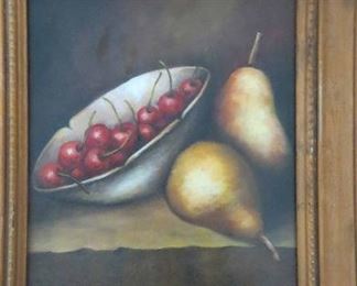 Cherries & Pears Still Life. Oil on Board. 16" x 18" Signed