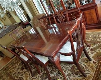 formal dining room set from Ethan Allen (table w/ 6 upholstered chairs, china cabinet & server). Available for pre-sale