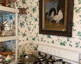 Rooster motif painting, nice set of Revereware cookware.