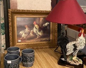 Cute rooster lamp, vintage mugs, rooster "art".