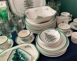 Huge set of Spode "Christmas Tree" dinner ware and serving pieces.  Also, Spode glasses.