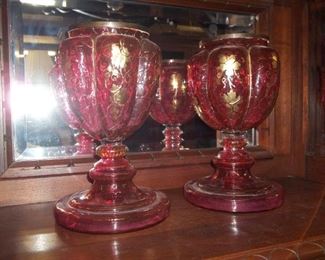 PAIR OF ANTIQUE  MOSER GILT ENAMELED CRANBERRY GLASS VASE GLASS 