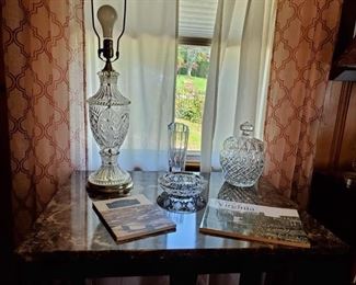 Glass lamp, crystal, marble top table