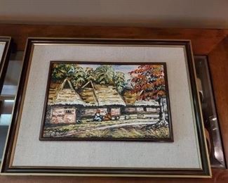 Framed painting,  village scene, signed