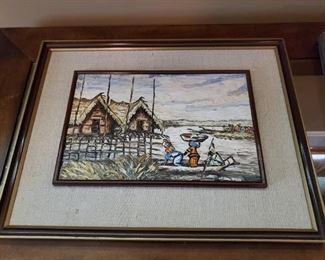 Framed painting,  village scene, signed