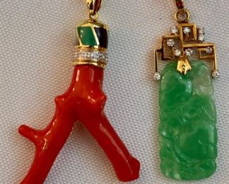 Gold Red Coral & Green Jade Diamond Pendants