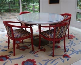 Super Kool Red Lacquer Chairs, Iron base table