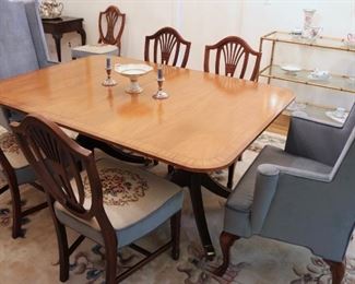 Baker Mahogany banded Table, Hepplewhite-style chairs