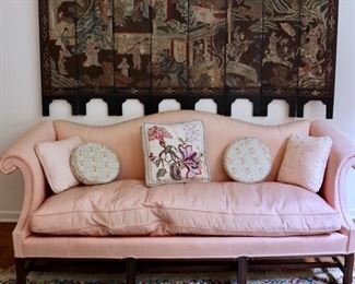 Eight-panel diminutive Chinese screen and pink Hickory down filled sofa
