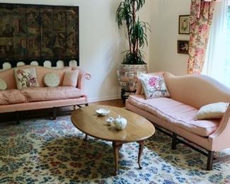 Pair of pink Hickory down filled sofas