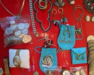 Jewelry assortment and US coins