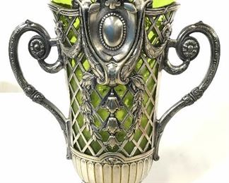 Green Art Glass Vase W Handled Metal Holder