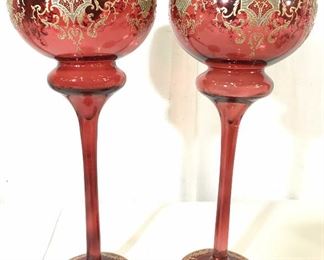 Pair Tall Bohemian Glass Goblets, 20 in