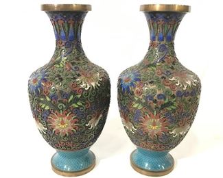 Pair Vintage Asian Enameled Vases