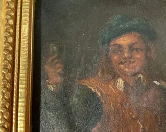 Antique Oil on Board Man Raising a Cup