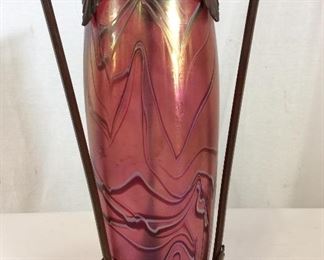 Vntg Iridescent Cranberry Glass Tubular Vase