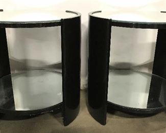 Pair Black Toned Round Mirrored Side Tables