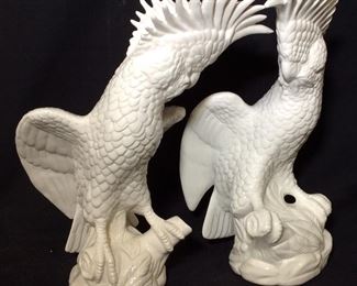 Pair Signed Parrot Blanc De Chine Ceramic , Italy