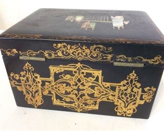 Antique Lacquered Wood & MOP Jewelry Box