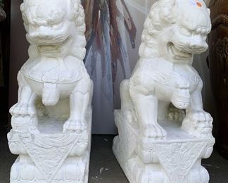 Pair Floor Size Asian White Marble Temple Lions