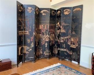Grand Finely Decorated 8 Panel Asian Wood Screen