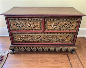 Vintage Asian Red and Gold Leafed Carved Chest