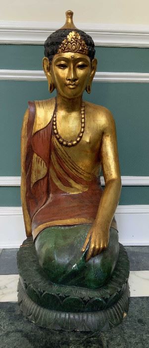 Vintage Floor Sized Carved Gilded Kneeling Buddha