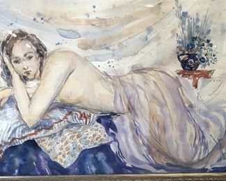Marta Timofeeva Signed Watercolor ‘Girl on Bed’