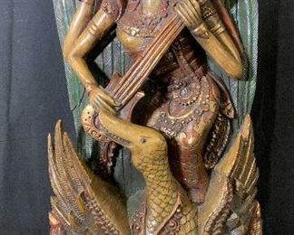 Far East Asian Sarasvati Polychrome Wood Sculpture