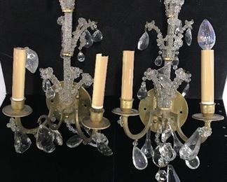 Pair Gold Toned 2 Arm Brass W Crystal Wall Sconces