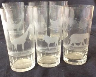 Etched African Wildlife Crystal Glasses, Africa