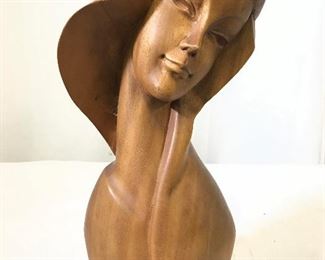 Vintage Carved Wooden Female Bust Sculpture