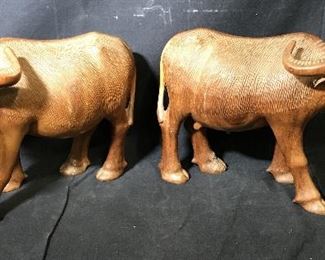 Pair Hand Carved Wooden Oxen
