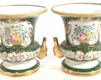 Pair Signed J. POUYAT LIMOGES Porcelain Gilt Urns