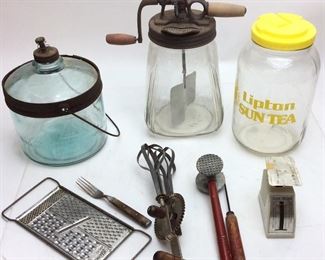 VINTAGE KITCHEN, CHURN, FLOUR JAR, MIXER, SCALE