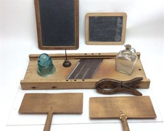 VTG. SLATE BOARDS, CABBAGE SHREDDER, TEXTILES, INSULATORS