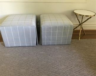 Kravet Custom blue/gray open check square ottomans with skirting.