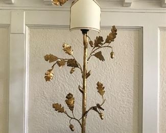 Magnificent pair of Chelsea House gilded sideboard lamps with oak leaf and acorn detail.